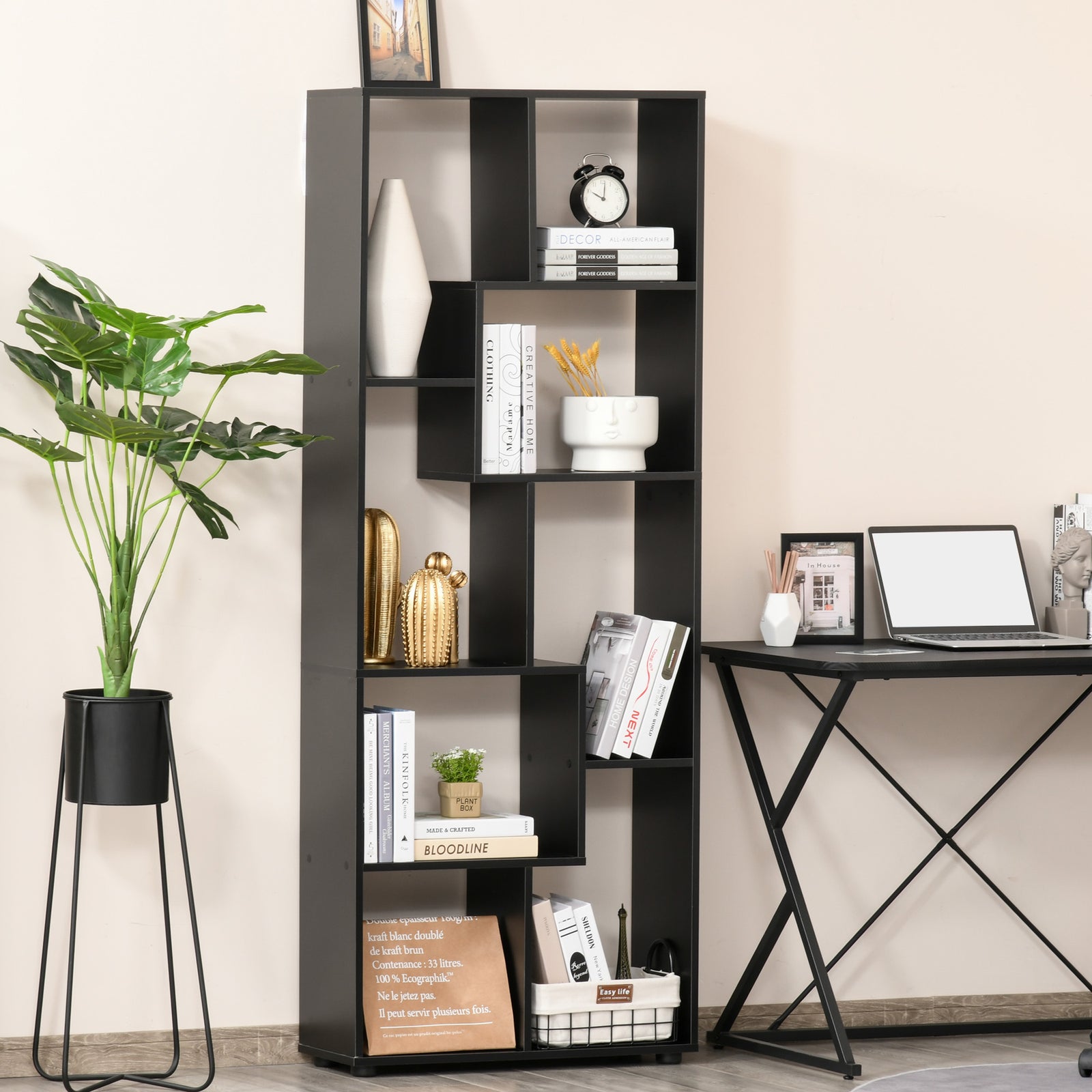 8-Tier Freestanding Bookcase w/ Melamine Surface Anti-Tipping Foot Pads Home Display Storage Grid Stand Bedroom Living Room Furniture Modern Style - Black