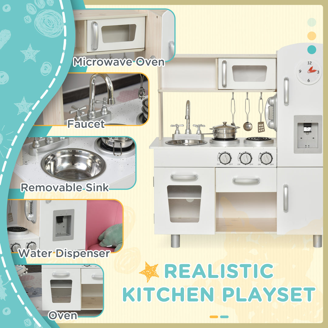 HOMCOM Kids Kitchen Playset Luxury Kitchen Accessories Set Pretend Cooking Set with Telephone Ice Machine, White | Aosom UK