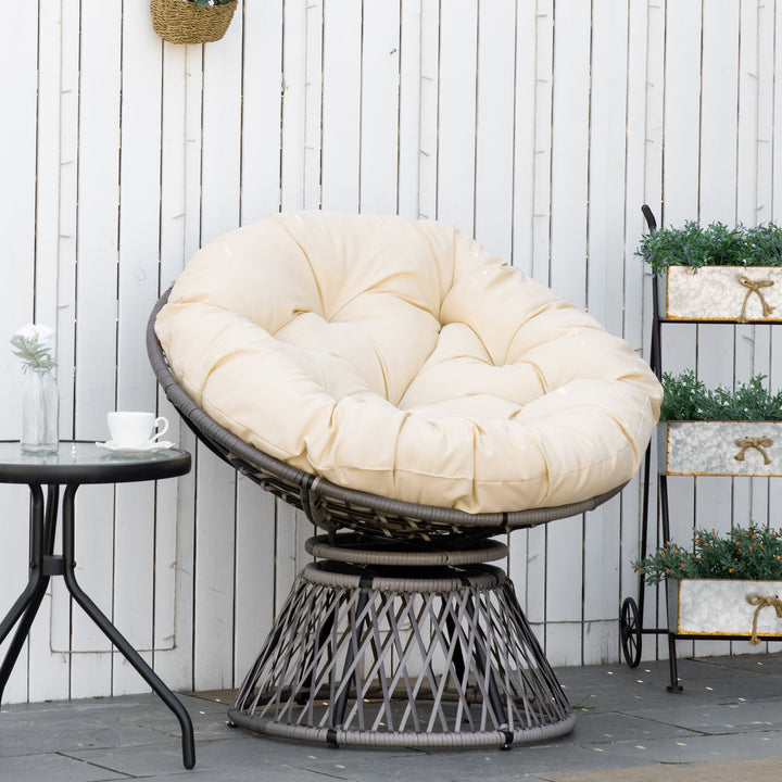 360° Swivel Rattan Moon Bowl Chair Round Lounge Garden Wicker Basket Seat with Padded Cushion Oversized for Outdoor Indoor, Beige