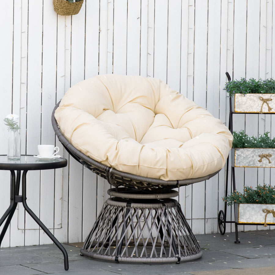 360° Swivel Rattan Moon Bowl Chair Round Lounge Garden Wicker Basket Seat with Padded Cushion Oversized for Outdoor Indoor, Beige
