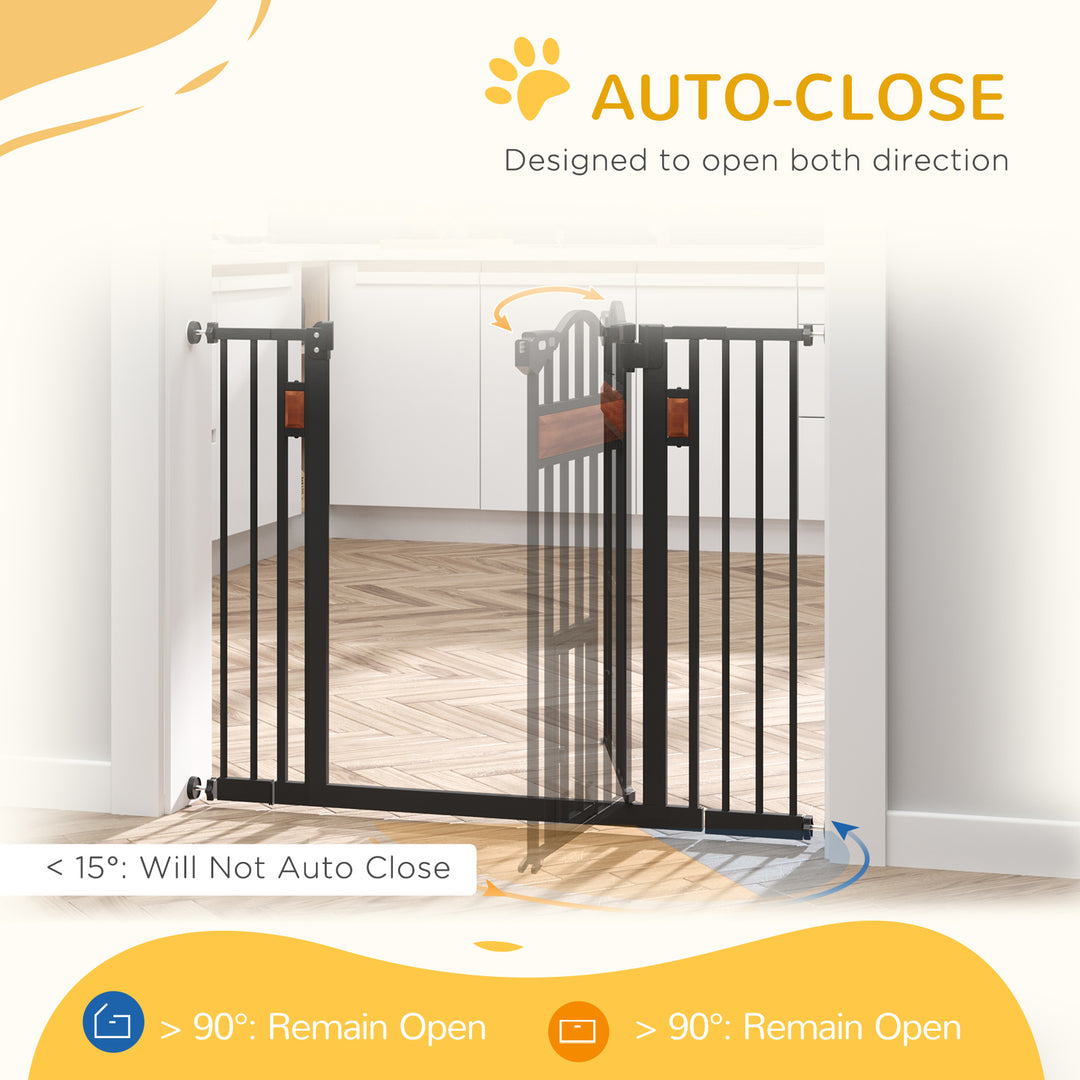 PawHut Dog Gate with Cat Flap Pet Safety Gate, Auto Close Double Locking Pine Wood Decoration, for Doorways Stairs, 74-105 cm Wide, Black | Aosom UK