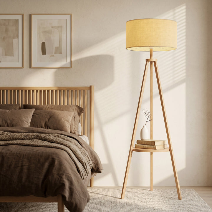 Bedside Light, Tripod Floor Lamp with Storage Shelf and Linen Shade fo