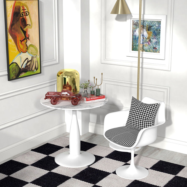 Small 2-Person Dining Table, Elegant Design Table with Steel Base and Non-slip Foot Pad, White and Grey