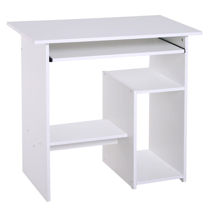 HOMCOM Compact Computer Table with Keyboard Tray, Storage Shelf, Wooden Computer Desk for Home Office, Modern Corner Table, White | Aosom UK