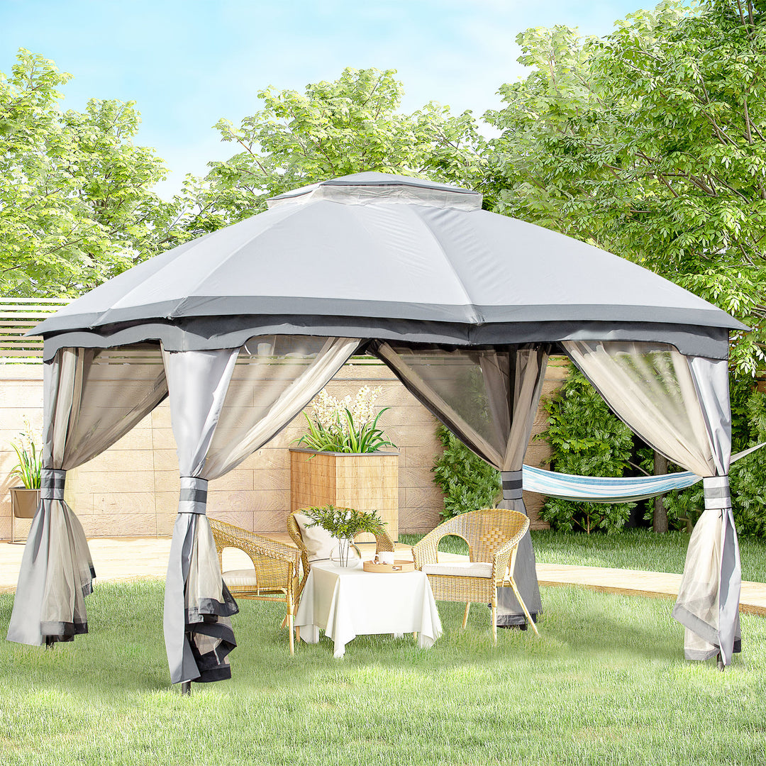 MCL 3.7 x 3(m) Metal Gazebo Canopy Party Tent Garden Patio Shelter with Netting Sidewalls & Double Tiered Roof, Grey