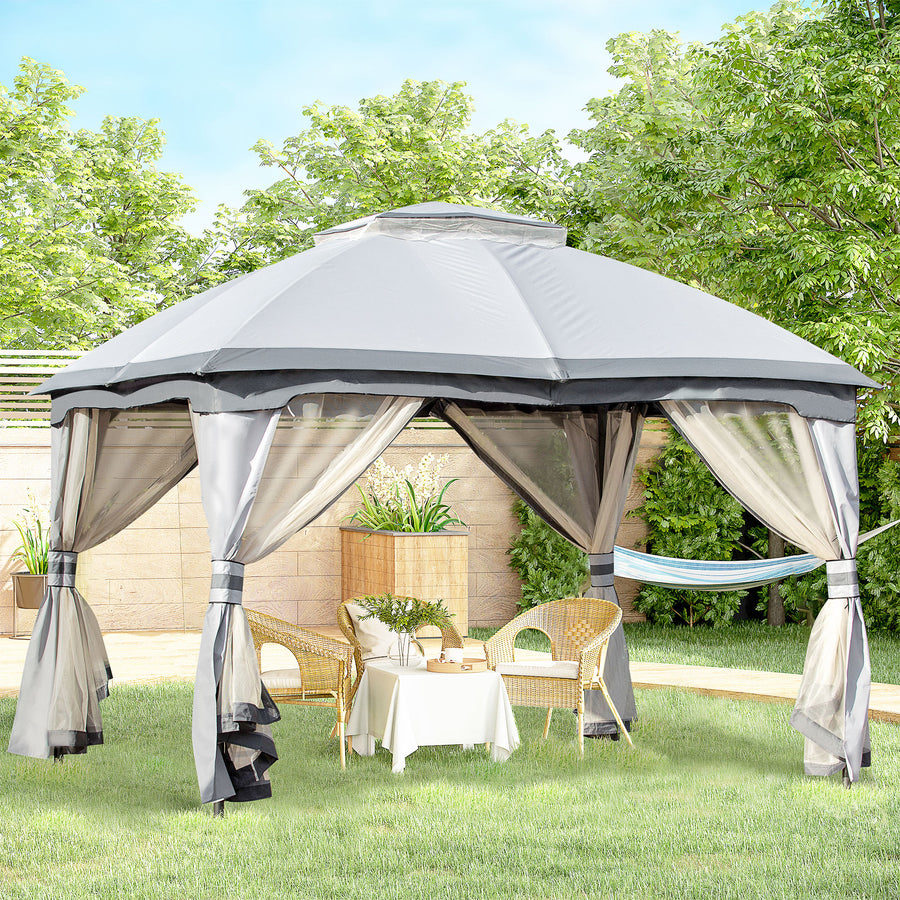 3.7 x 3(m) Metal Gazebo Canopy Party Tent Garden Patio Shelter with Netting Sidewalls & Double Tiered Roof, Grey