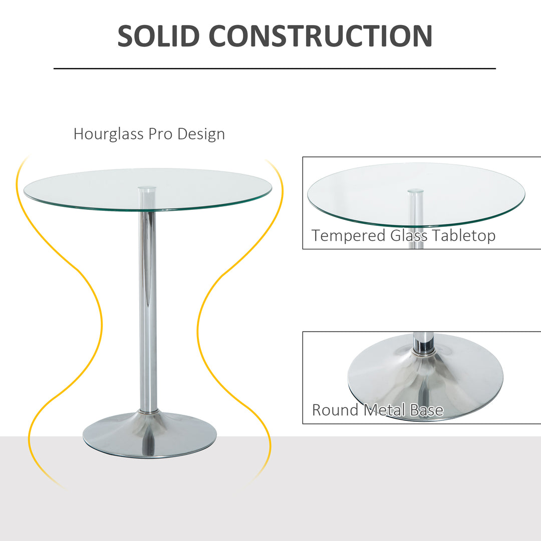 HOMCOM Round Kitchen Table w/ Tempered Glass Top, Steel Base, Modern Dining Table, Space Saving Small Bar Table, Silver | Aosom UK