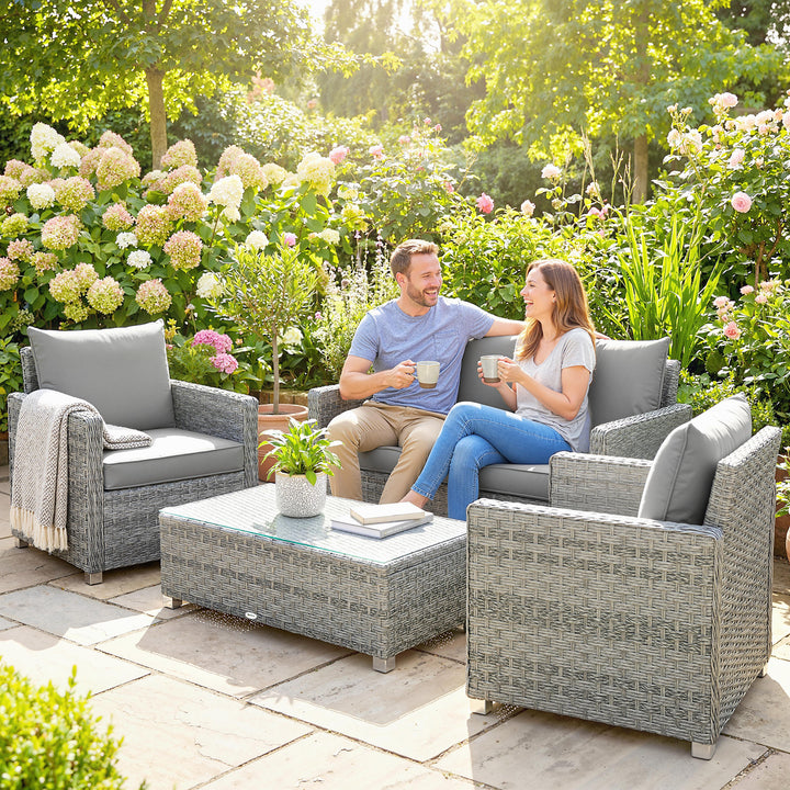 4 Piece Rattan Garden Furniture Set with Loveseat, 2 Armchairs, Glass-