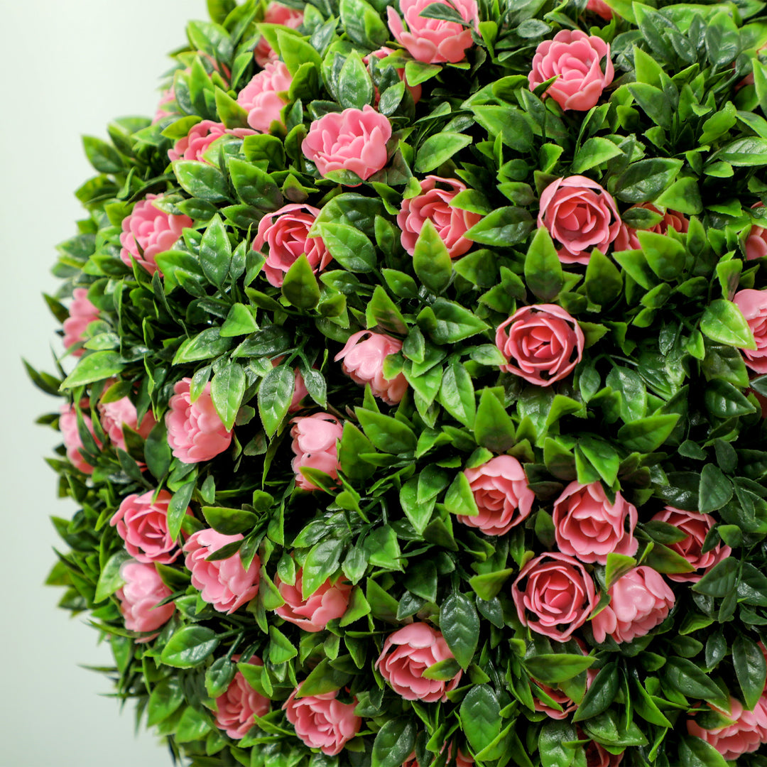 Set of 2 Decorative Artificial Plants, Ball Topiary Tree with Rose Flower in Pot, Fake Plants for Home Indoor Outdoor Decor, 60cm, Pink