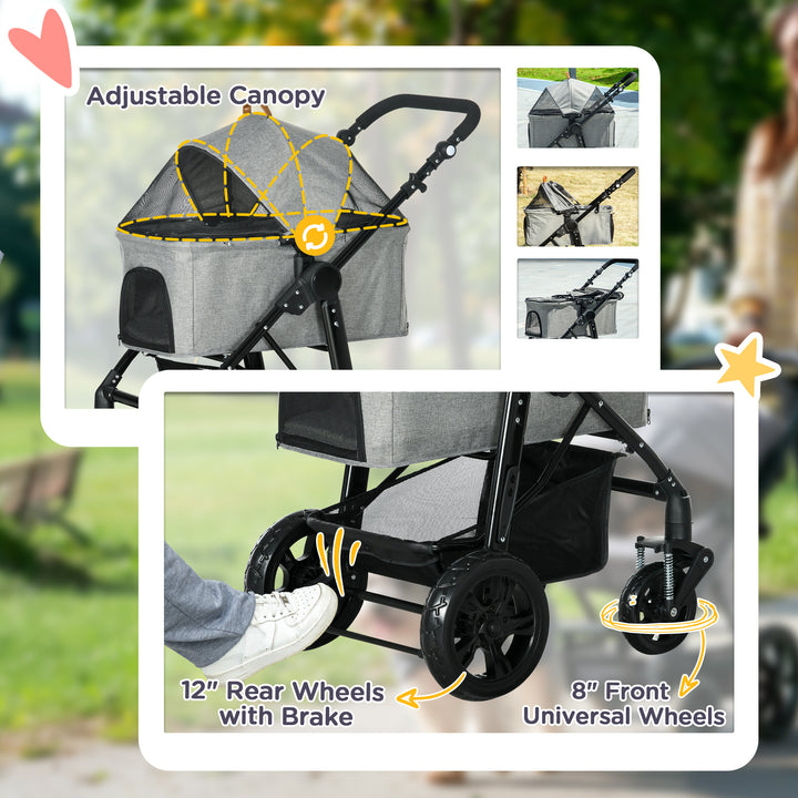 MCL Dog Pram Pet Stroller for Small Dogs Cats, Foldable Dog Pushchair Trolley with Detachable Pet Carrier Bag, Shock Absorber, Adjustable Handlebar, Grey