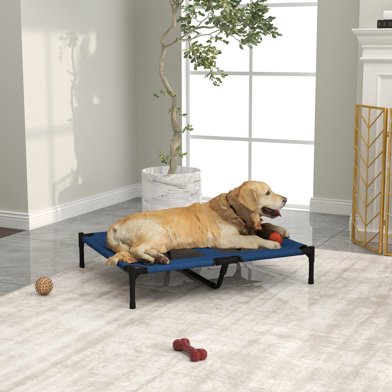 Raised Dog Bed Cat Elevated Lifted Puppy Pet Elevated Cot Portable Camping Basket – Blue (Large)