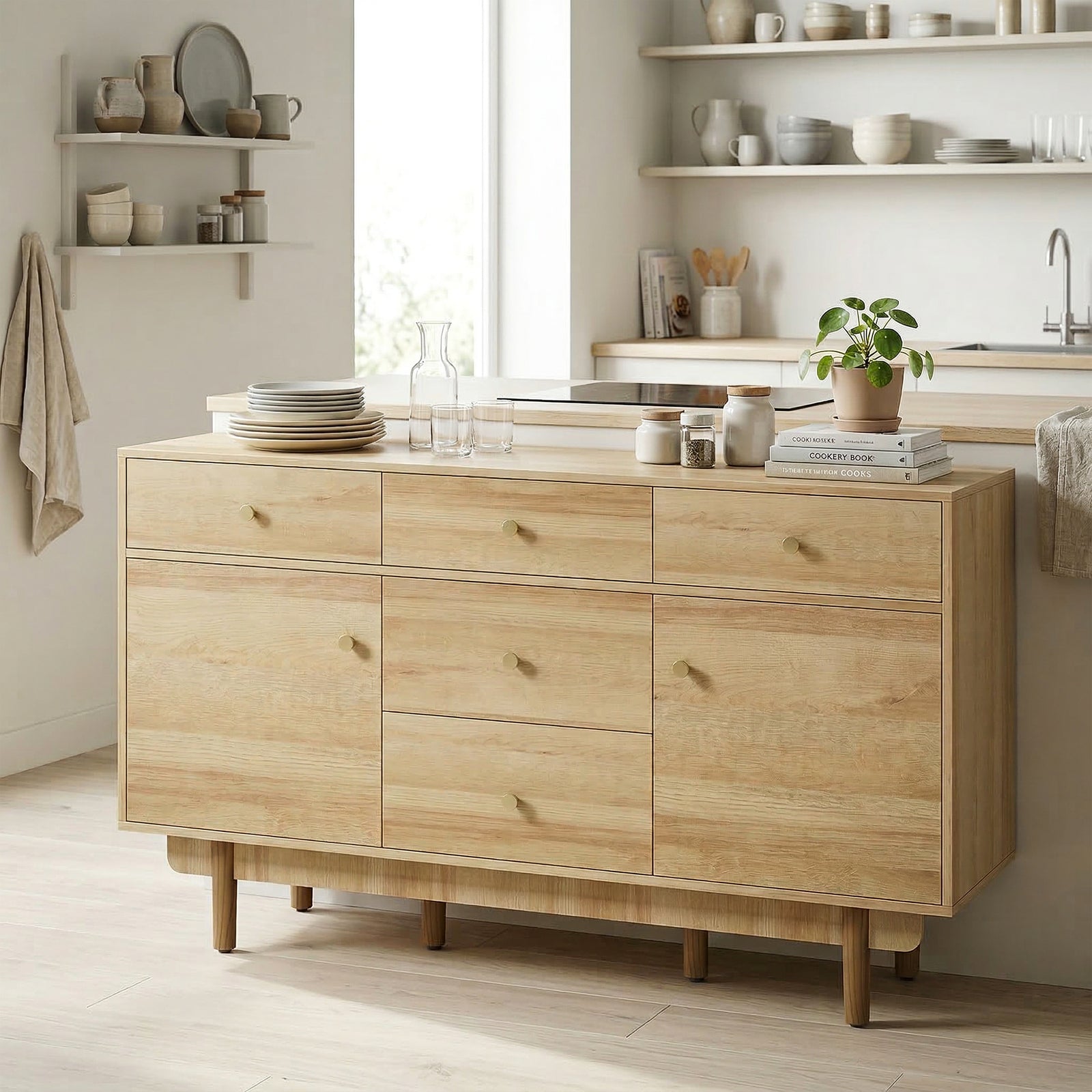 Sideboard with 5 Drawers and 2 Cabinets Buffet Cabinet with Solid Wood