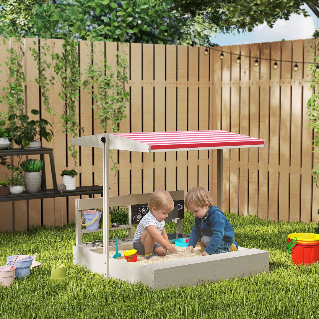 Outsunny Kids Wooden Sandbox w/ Canopy, Kitchen Toys, Seat, Storage, for 3-7 Years Old Outdoor Play