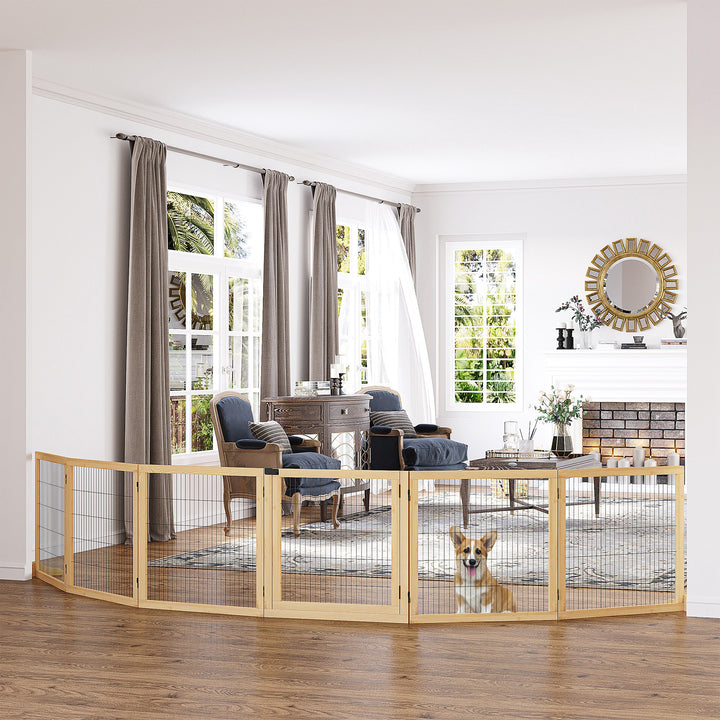 Wooden Pet Gate, Freestanding Dog Safety Barrier with Two Support Feet - Natural Tone