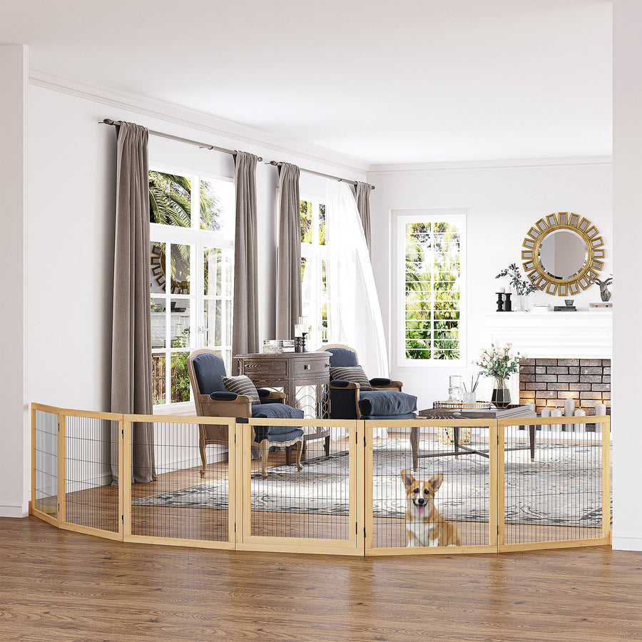 Wooden Pet Gate, Freestanding Dog Safety Barrier with Two Support Feet - Natural Tone