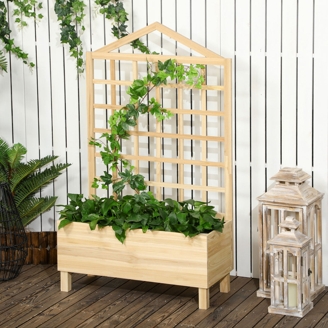 Outsunny Garden Planters with Trellis for Vine Climbing, Distressed Wooden Raised Beds, 90x43x150cm, Natural Tone | Aosom UK