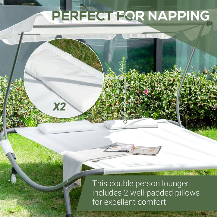 Double Sun Lounger with Adjustable Detachable Canopy, Portable Garden Daybed for 2 with Wheels, Outdoor Sunbed Hammock with 2 Pillows, 220 KG Max. Load, White
