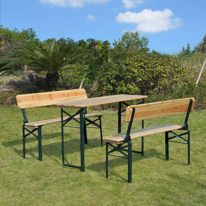 Outsunny Portable Folding Camping Picnic Trestle Beer Table and 2 Bench Set Wooden Garden Furniture Patio Dining Party BBQ Chairs Stools
