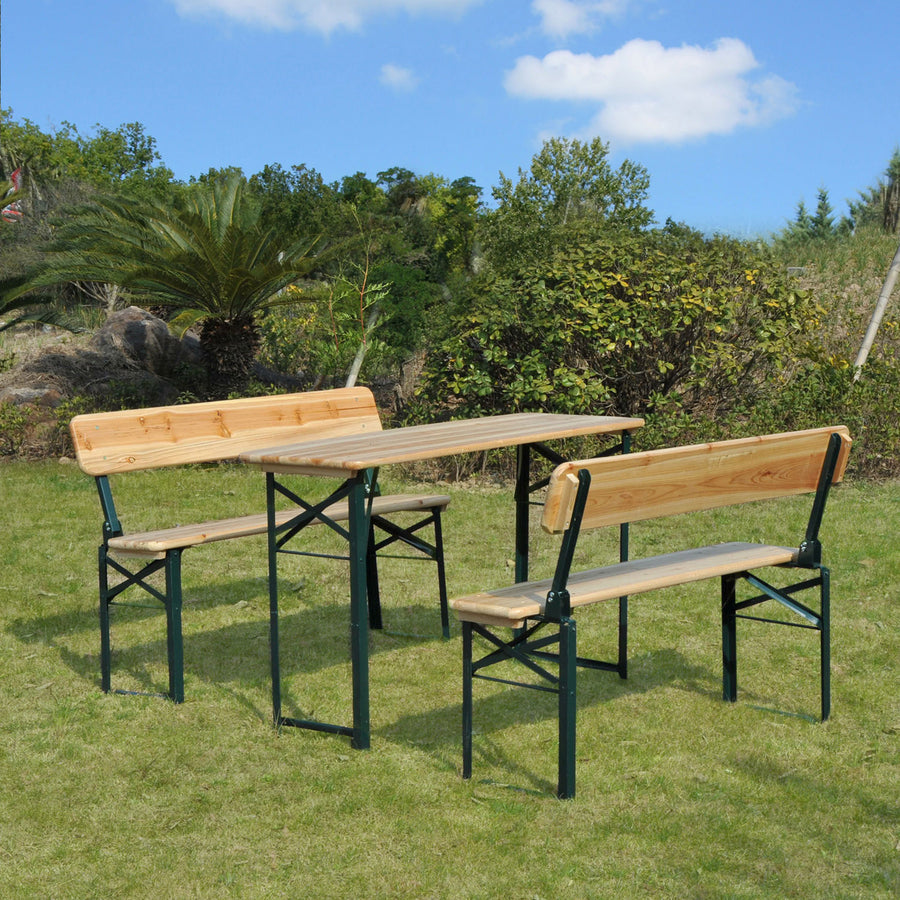 Portable Folding Camping Picnic Trestle Beer Table and 2 Bench Set Wooden Garden Furniture Patio Dining Party BBQ Chairs Stools