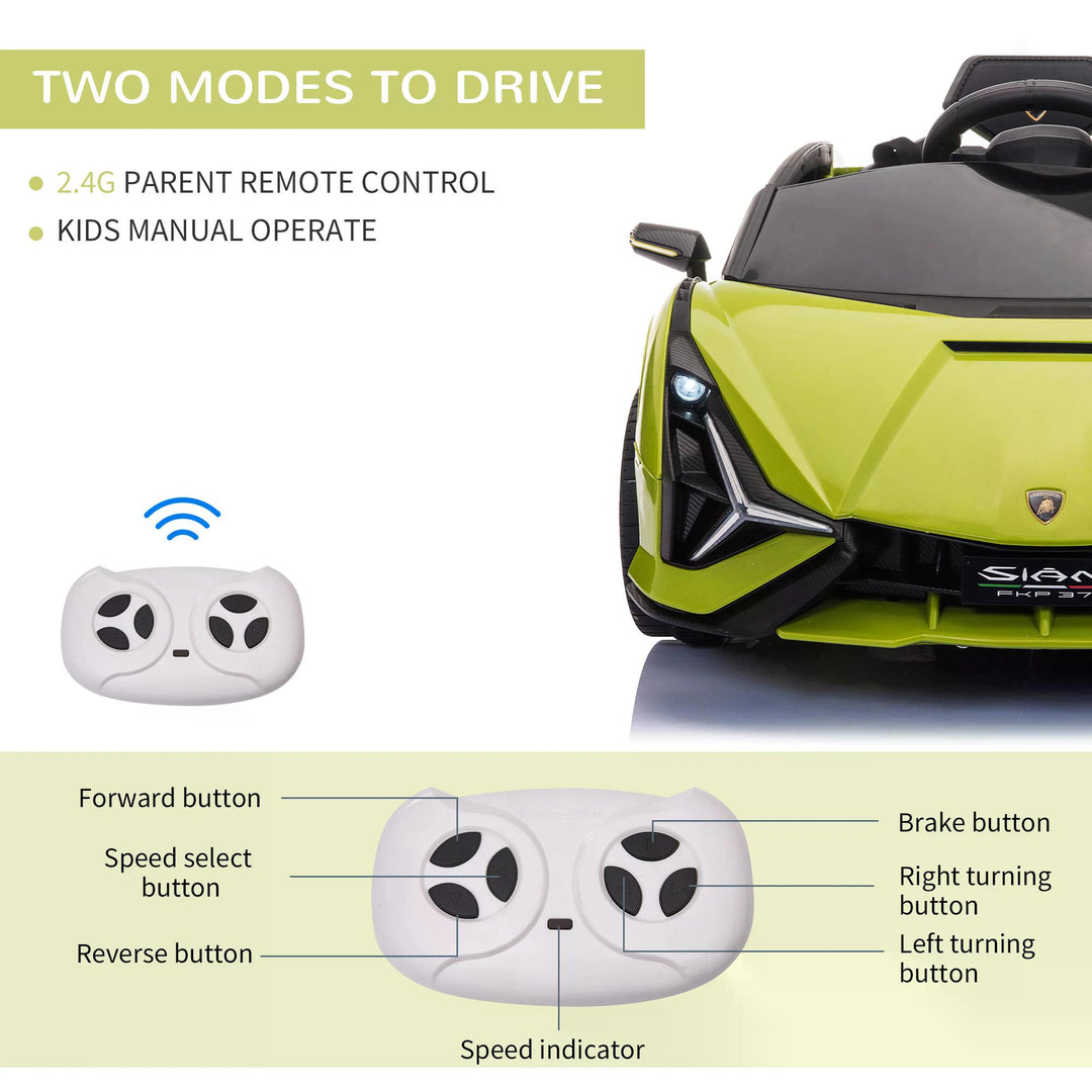 HOMCOM Compatible 12V Battery-powered Kids Electric Ride On Car Lamborghini SIAN Toy with Parental Remote Lights MP3 for 3-5 Years Green | Aosom UK