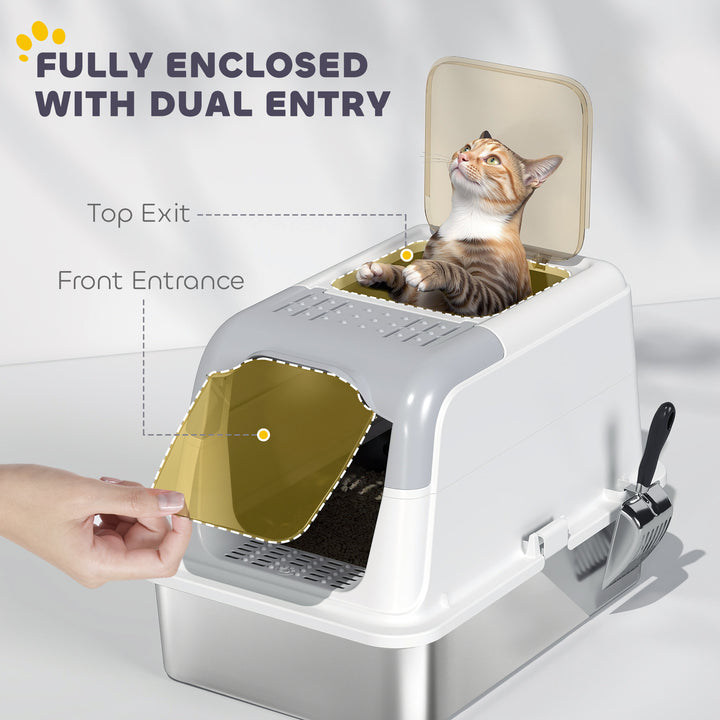 Extra Large Stainless Steel Litter Box, Enclosed Cat Litter Tray with Scoop, Deodorizer Bag, Front-Entry and Top-Exit