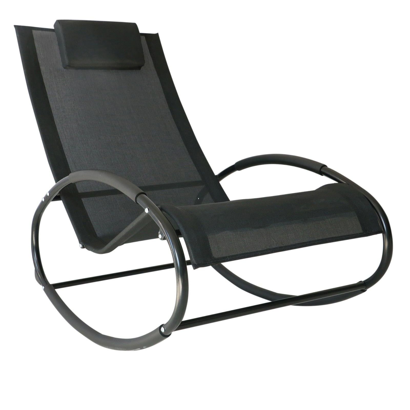 Rocking Chair Sun Lounger Recliner Rocker Texteline Fabric Patio Garden Relaxer with Pillow, Black