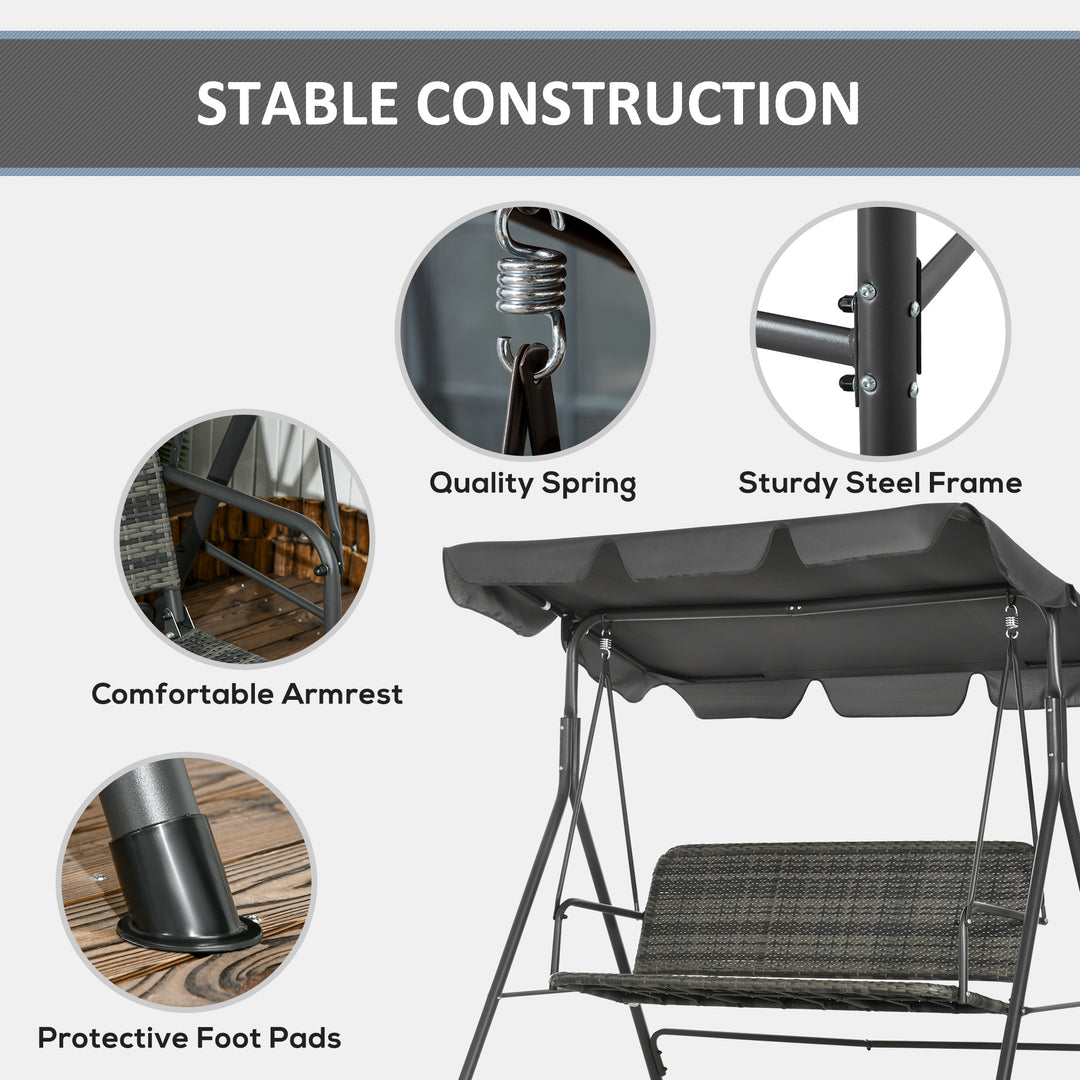 3-Seater Outdoor PE Rattan Swing Chair, Patio Wicker Hanging Swing Bench with Steel Frame Stand & Adjustable Canopy, Grey