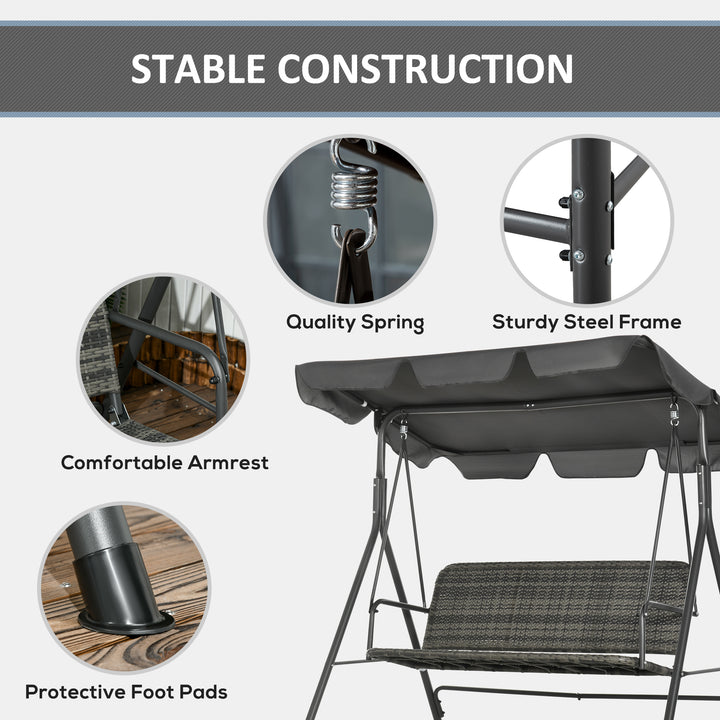 3-Seater Outdoor PE Rattan Swing Chair, Patio Wicker Hanging Swing Bench with Steel Frame Stand & Adjustable Canopy, Grey