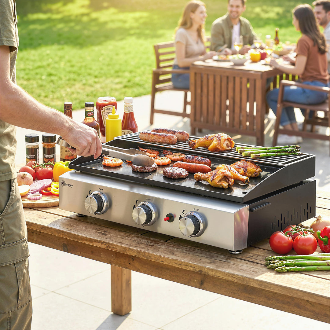 3 Burner Grill Griddle, Portable Gas Plancha with Warming Rack, 7.5 kW
