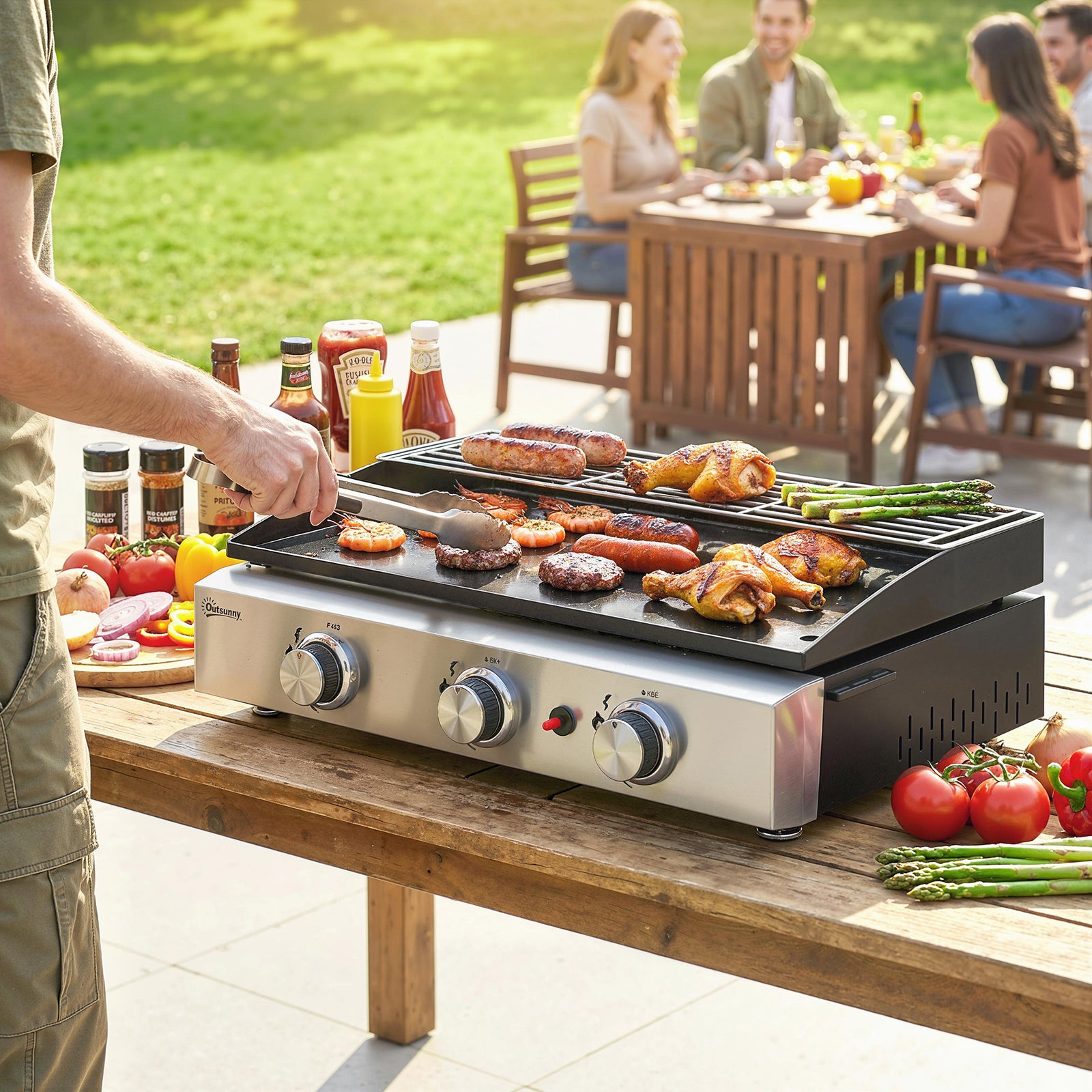3 Burner Grill Griddle, Portable Gas Plancha with Warming Rack, 7.5 kW