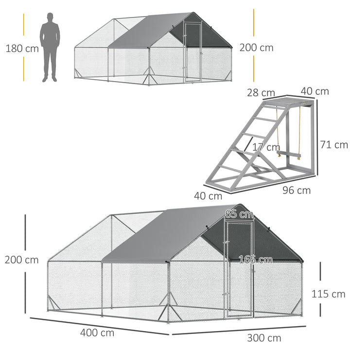 Walk In Chicken Run with Chicken Activity Shelf and Cover, 3 x 4 x 2m
