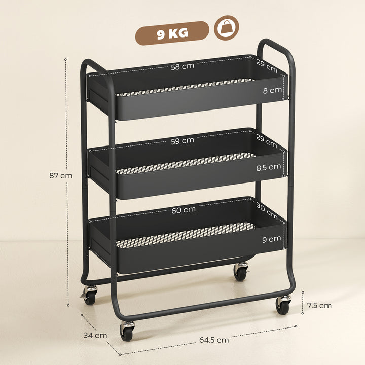 3-Tier Storage Trolley on Wheels, Rolling Utility Cart with Mesh Backets for Kitchen, Bathroom, Bedroom