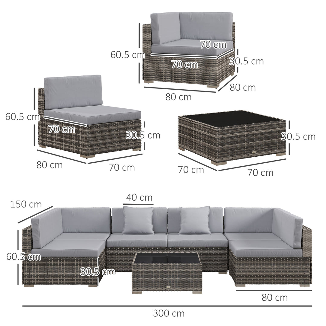 Seven-Piece Rattan Garden Set, with Glass-Top Table - Mixed Grey