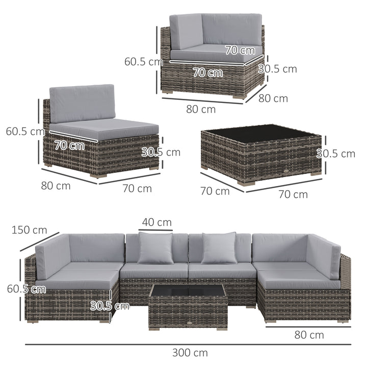 Seven-Piece Rattan Garden Set, with Glass-Top Table - Mixed Grey