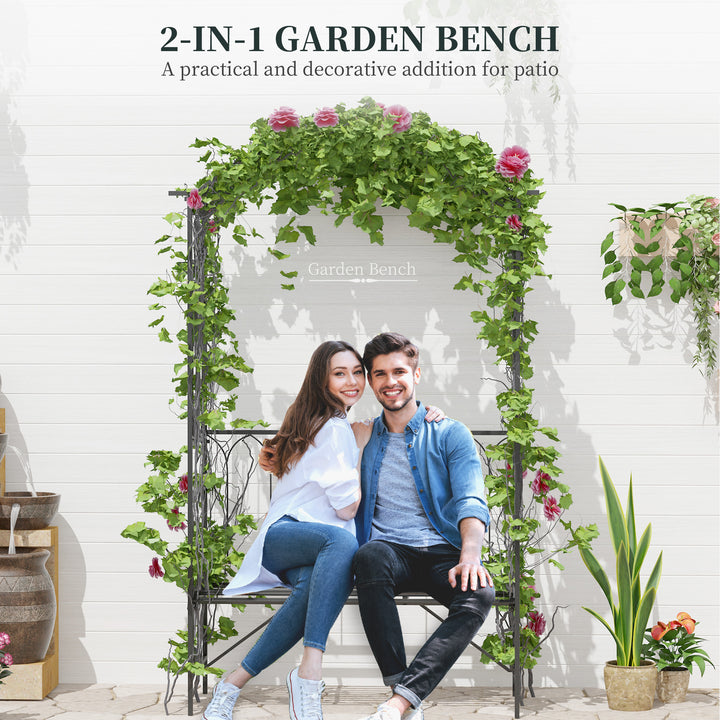 Garden Metal Frame Bench W/Arch for Various Climbing Plant, 115Lx50Wx203H cm-Black