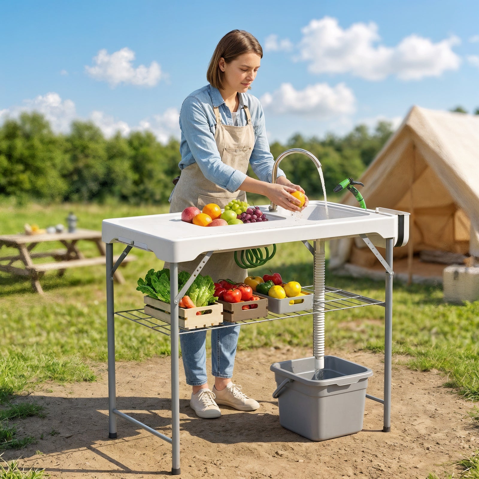 Folding Fish Cleaning Table with Sinks, Portable Camping Sink Table wi