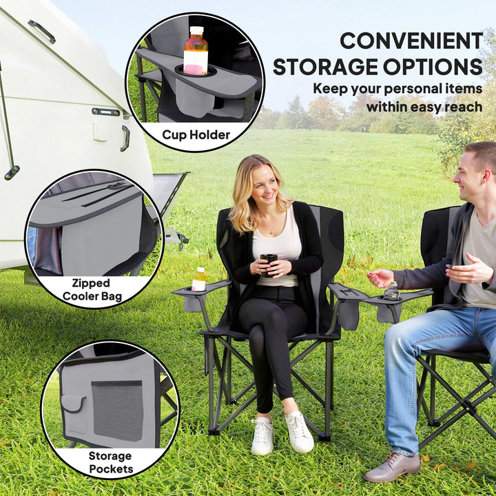 Set of 2 Folding Camping Chairs, Padded Camping Chairs with Adjustable Armrests, Portable & Lightweight Folding Camp Chair with Cooler Bag, Cup Holder and Side Pockets, Grey