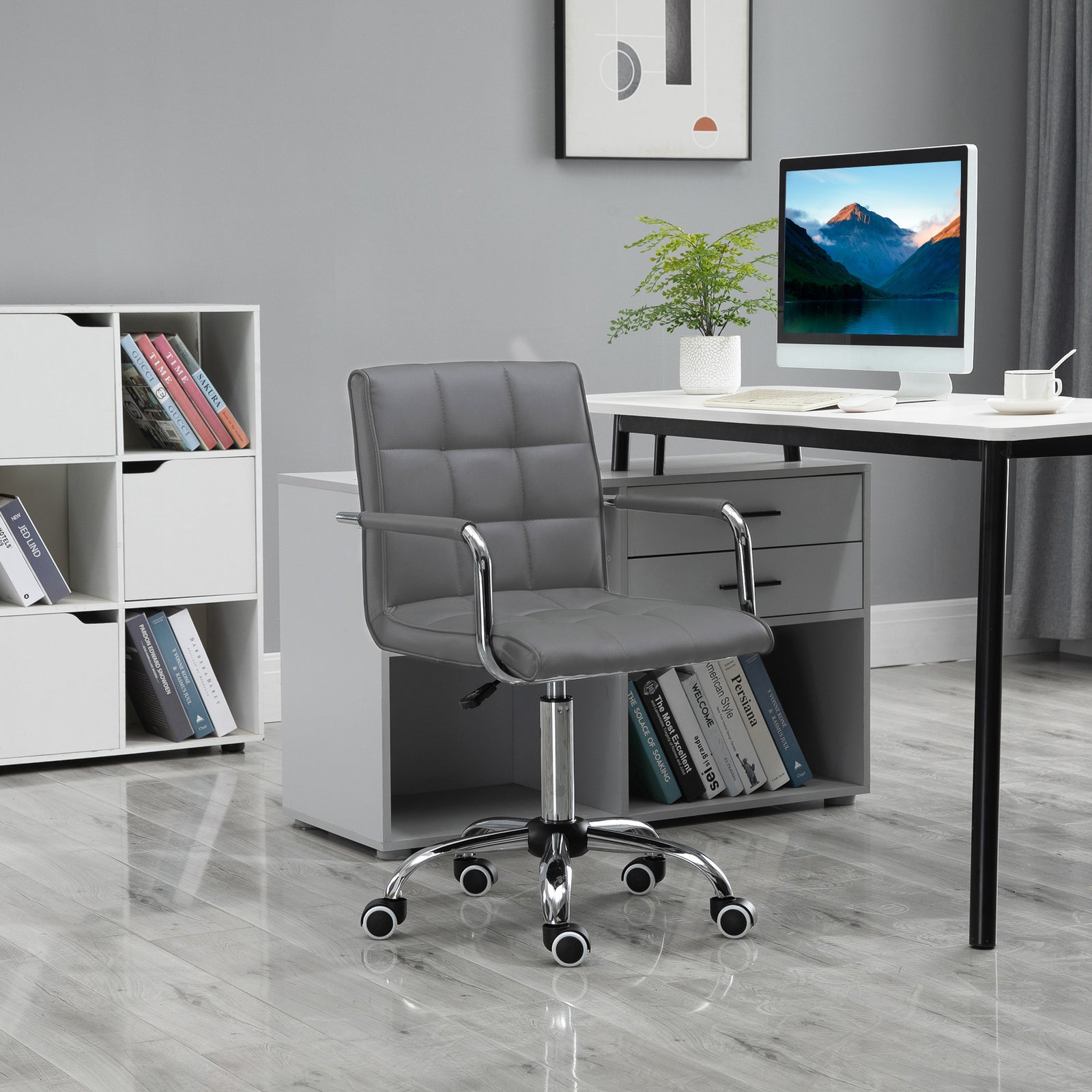 PU Leather Home Office Desk Chair, Computer Chair with Mid Back, Arm, Swivel Wheels, Adjustable Height, Grey