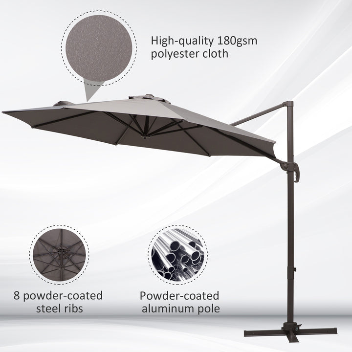 Outsunny 3M Roma Umbrella Sun Shade Cantilever Hanging Parasol w/ Cross Base Hand Crank Aluminium Frame 360°Rotation - Grey | Aosom UK