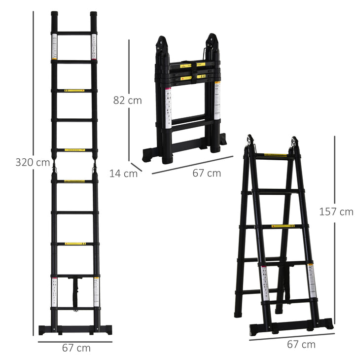 DURHAND 3.2m/10.5ft Telescopic Ladder, Extendable Aluminium Ladder with Anti-slip Pedals, Multi-purpose Portable Foldable 10 Step Ladder, 150kg Capacity, EN131, Black