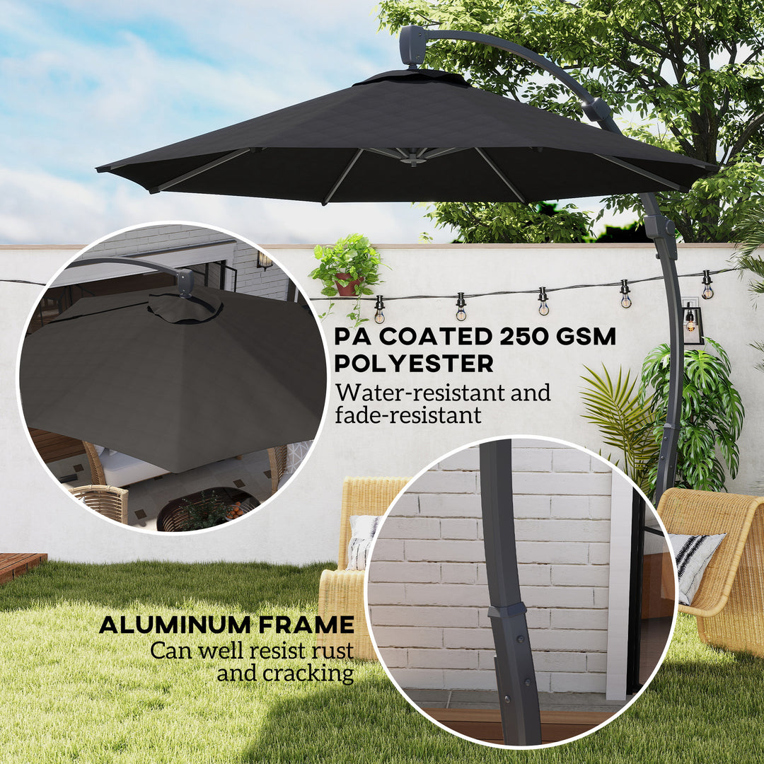 3(m) Garden Cantilever Parasol, Round Overhanging Umbrella with Crank Handle, Cross Base, Aluminium Frame and 360° Rotation, Banana Patio Umbrella for Outdoor Sun Shade, Black