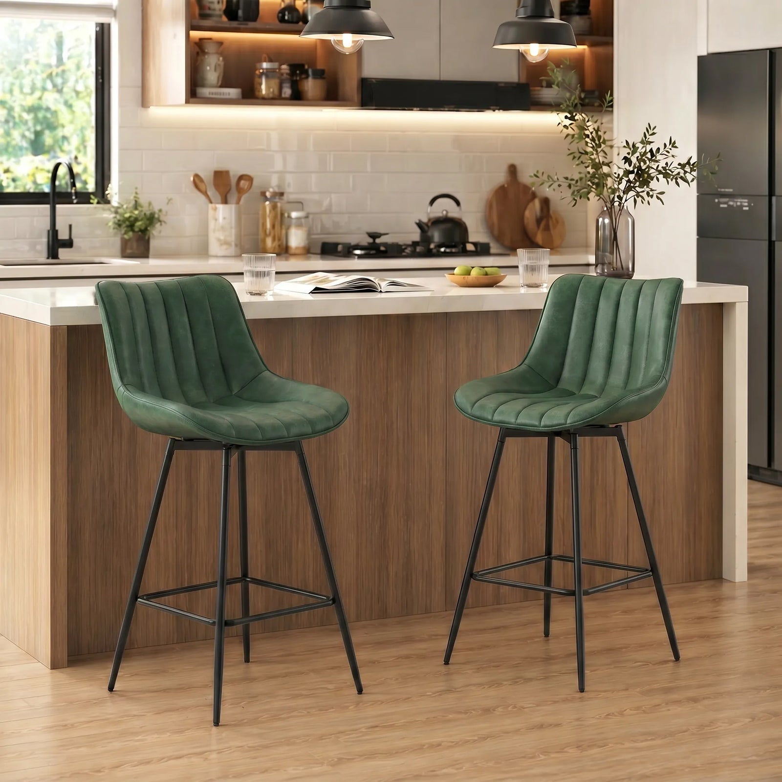 Set of 2 PU Leather Swivel Bar Stools - Dark Green