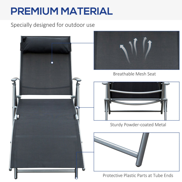 Sun Lounger Steel Frame Outdoor Folding Chaise Texteline Lounge Chair Recliner with Headrest & 7 Levels Adjustable Backrest, Black