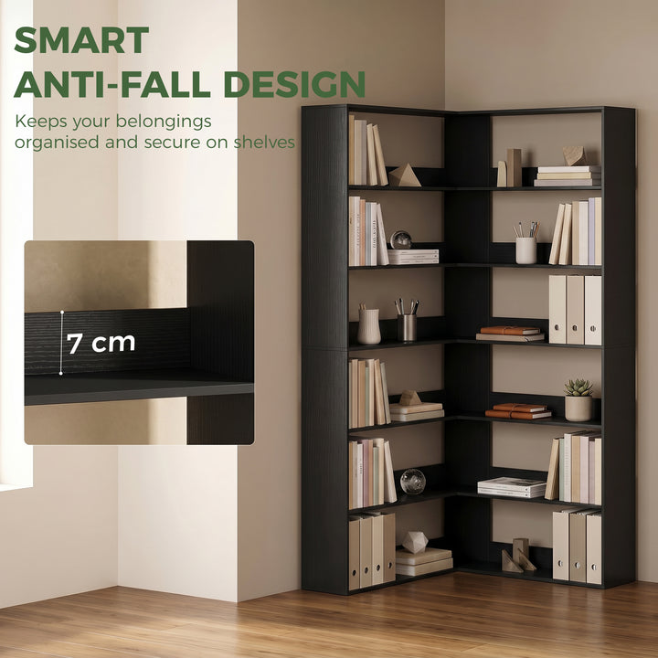 7 Tiers Bookshelf, L-Shaped Corner Bookcase with Anti-Slip Rear Guard,