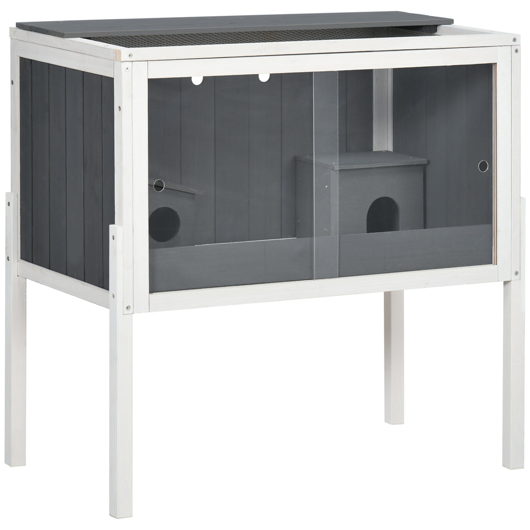 Wooden Hamster Cage for Dwarf Hamsters, Gerbils, Rutin Chicken, with Shelf, Two Huts - Grey