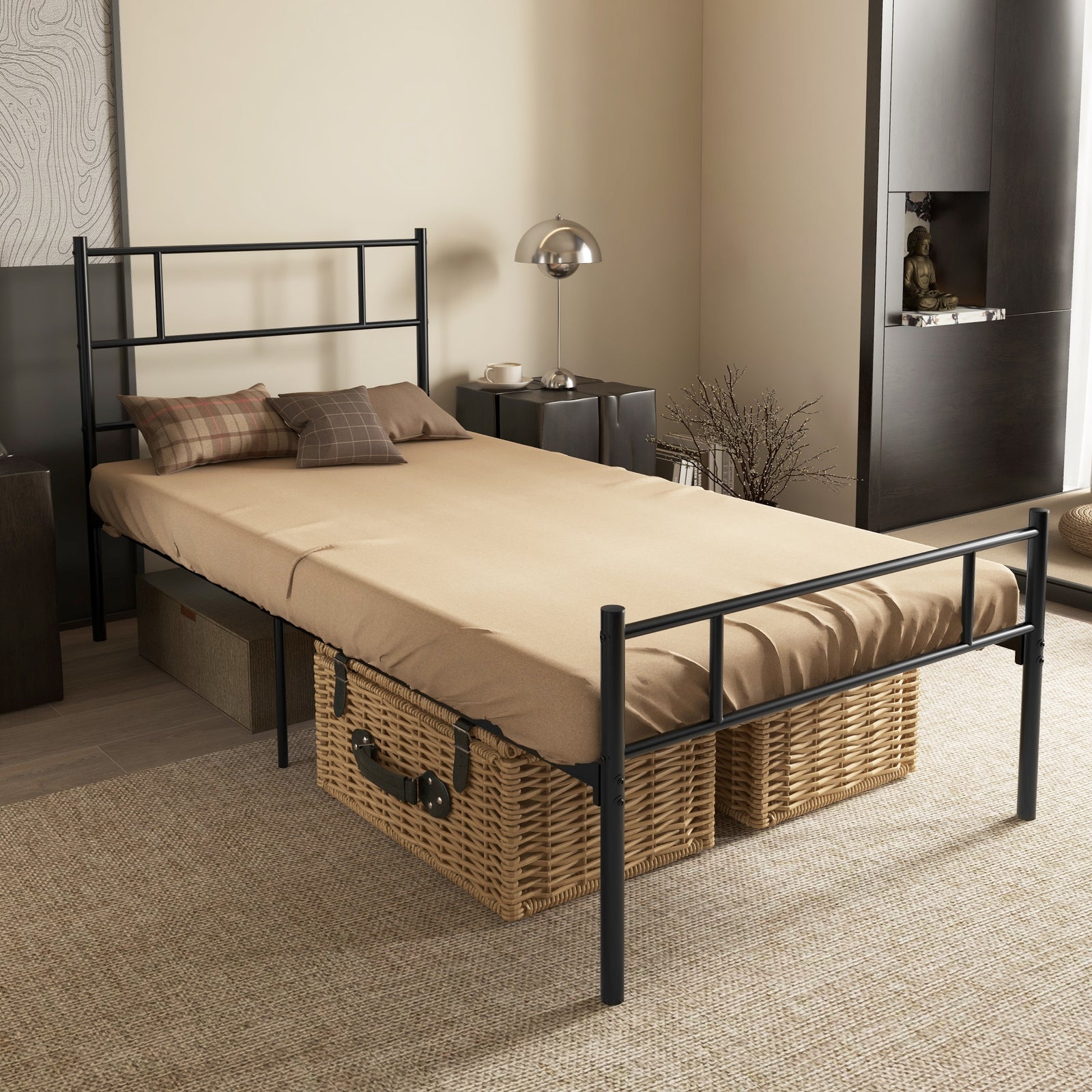 Single Metal Bed Frame Solid Bedstead Base with Headboard and Footboard, Metal Slat Support and Underbed Storage Space, Bedroom Furniture, Black