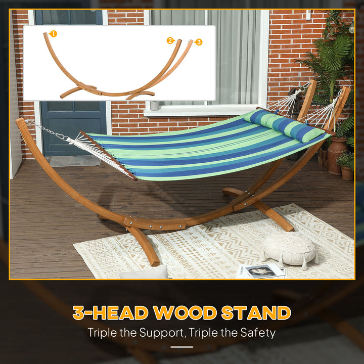 Outdoor Hammock with Stand, Garden Hammock with Triple-Head Eucalyptus Wood Arc Frame, 1 Person Cotton Bed and Head Pillow, Freestanding Garden Swing Bed for Patio, Blue Stripe