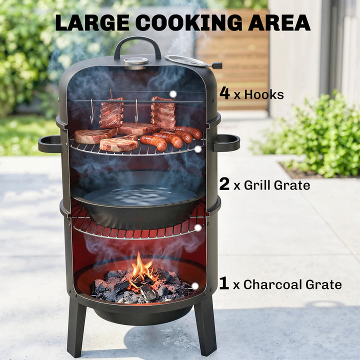 3-in-1 Vertical Charcoal Smoker with 2 Grill Grates, Built-in Thermome