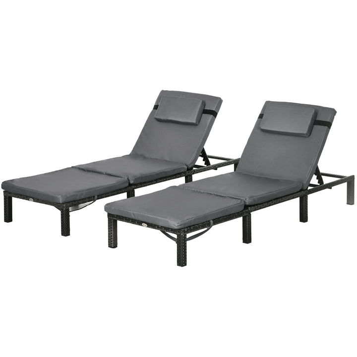 Outsunny Rattan Sun Loungers Set of 2 with 5-Level Adjustable Backrest, Wicker Lounge Chairs with Padded Cushion and Headrest for Outdoor, Poolside, Garden, Dark Grey