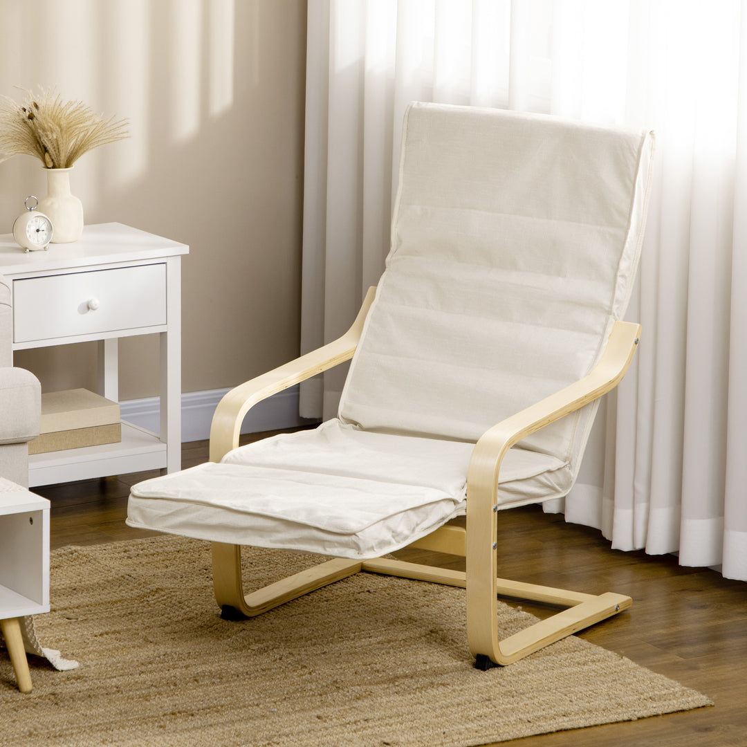 Wooden Armchair, Upholstered Linen Lounge Chair with Adjustable Footrest & Removable Cushion, Poang Chair for Living Room, Cream White